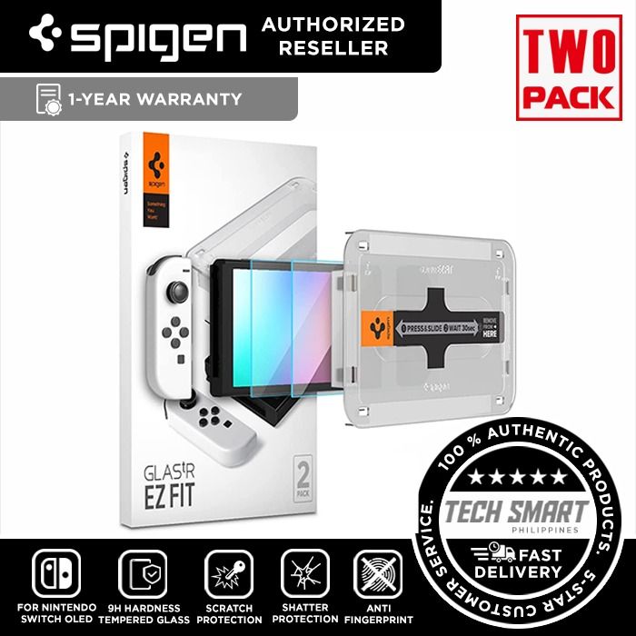 Spigen Tempered Glass Screen Protector [GlasTR EZ FIT] designed for Nintendo Switch (OLED model) - 2 Pack (Category: Cases & Covers) located in Las Pinas. Submitted by techsmartph (Listing ID 1217735938, Image 1). Description: * Tempered glass durability rated at 9H hardness * Includes an innovative, auto-alignment installation kit for effortless application * Extreme clarity preserves the original screen brightness * Oleophobic coating prevents 