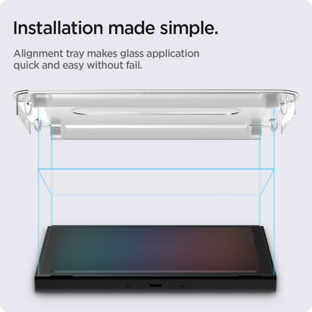 Spigen Tempered Glass Screen Protector [GlasTR EZ FIT] designed for Nintendo Switch (OLED model) - 2 Pack (Category: Cases & Covers) located in Las Pinas. Submitted by techsmartph (Listing ID 1217735938, Image 3). Description: * Tempered glass durability rated at 9H hardness * Includes an innovative, auto-alignment installation kit for effortless application * Extreme clarity preserves the original screen brightness * Oleophobic coating prevents 
