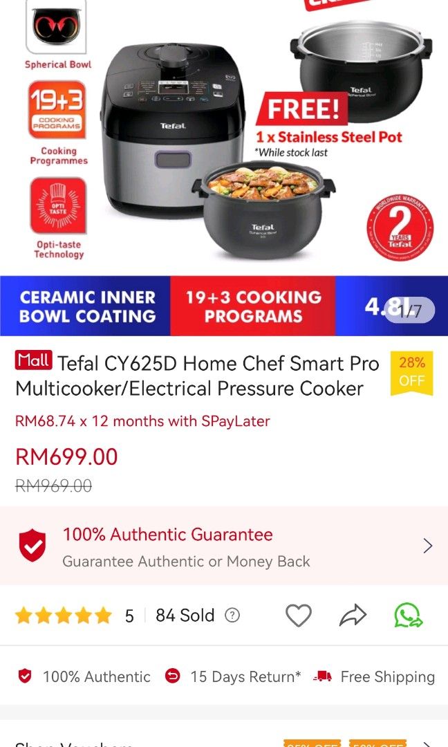 Tefal Home Chef Smart Pro Multicooker (Pressure Cooker) (CY625) (CY625D)  [Free Stainless Steel Pot]