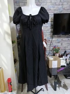 Tie Neck Ruched Bust Puff Sleeve Dress