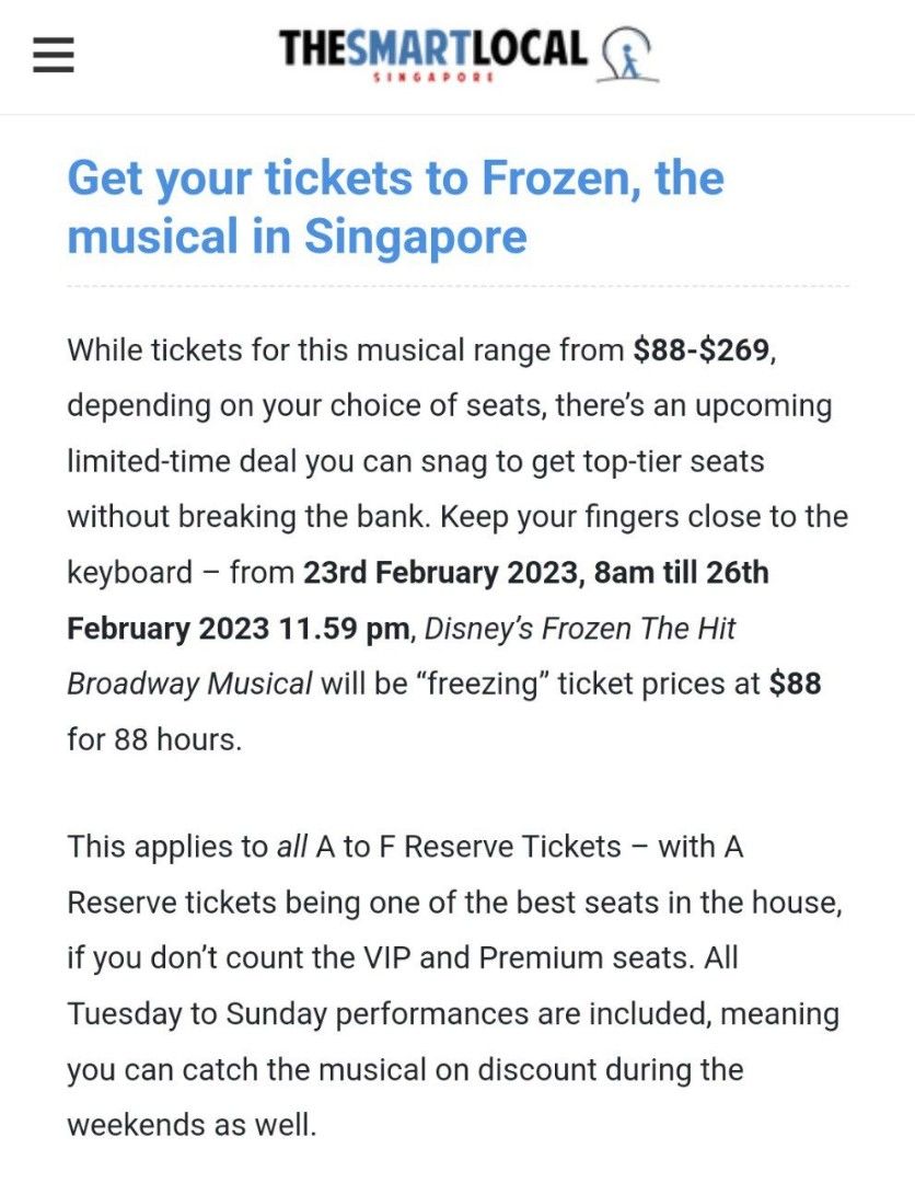 3 X Frozen Musical Tickets B Reserve Ground Level Tickets