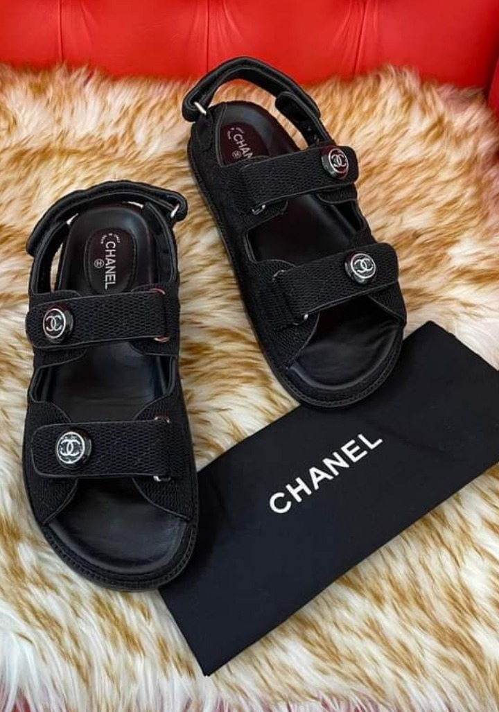 Chanel Calfskin Printed Velcro Dad Sandals 38 White Black