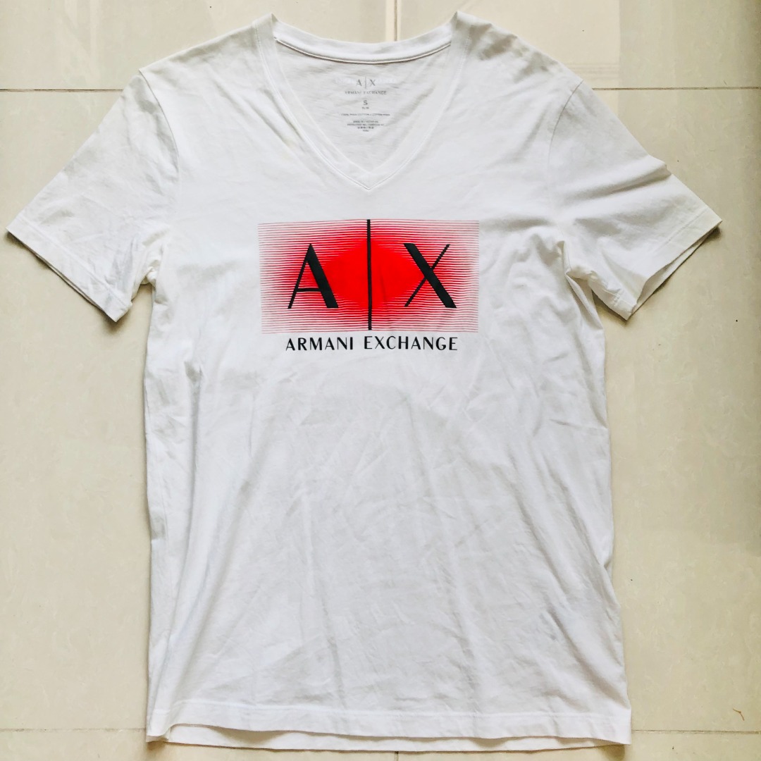 A|X ARMANI EXCHANGE Red Logo White V-neck Top for Men S, Men's Fashion,  Tops & Sets, Tshirts & Polo Shirts on Carousell