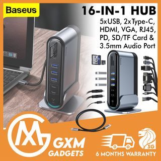 Baseus 16 In 1 Multifunction HDMI VGA USB SD/TF Reader RJ45 PD 3.5mm Desktop Laptop Notebook PC MacBook Working Station Hub Splitter Plug & Play Hub
