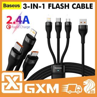 BASEUS Flash Series II One-for-Three 100W USB to Micro USB Lightning Type C IOS Android Fast Charging Data Cable 1.2m Black