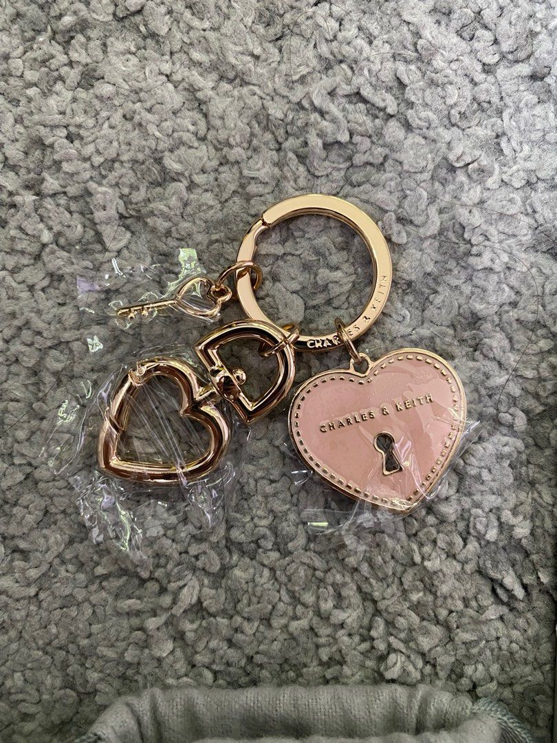 BNIB charles & keith heart lock keychain in pink, Luxury, Accessories ...