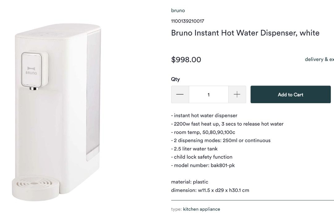 Bruno Instant Hot Water Dispenser, 傢俬＆家居, 廚具和餐具, 濾水器 Carousell