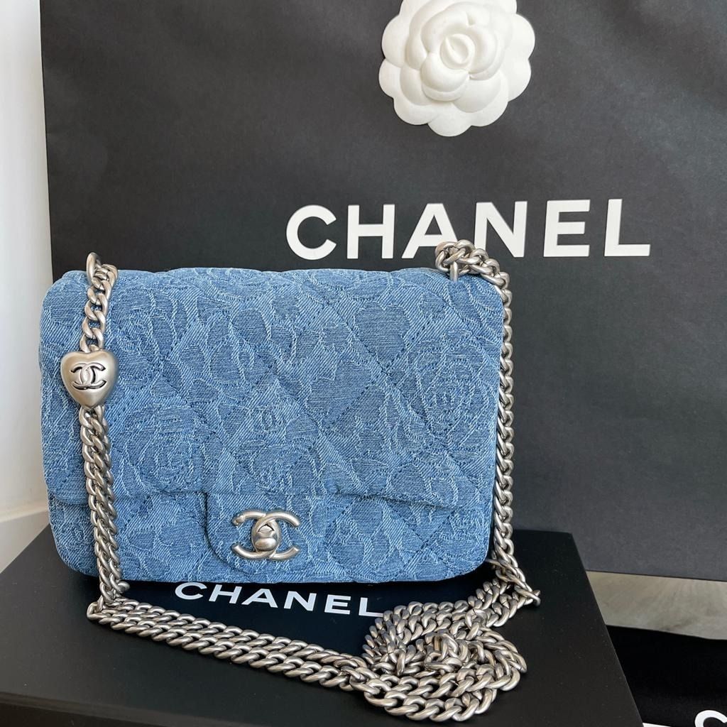 Chanel 23P Denim Bag Adjustable Heart Pearl Crush Hear Chain Mini Square  Flap Bag 20cm, Luxury, Bags & Wallets on Carousell
