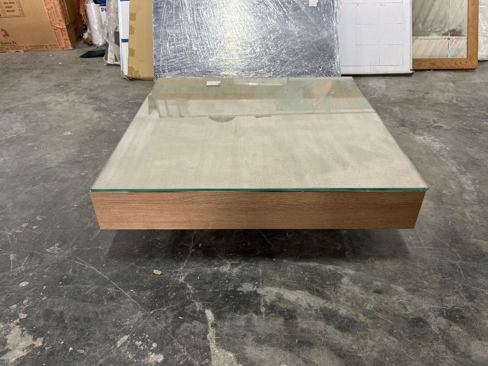 (F20056187) Square Glass Top Wooden Coffee Table / Meja Kopi Kayu Atas Kaca Persegi, Furniture