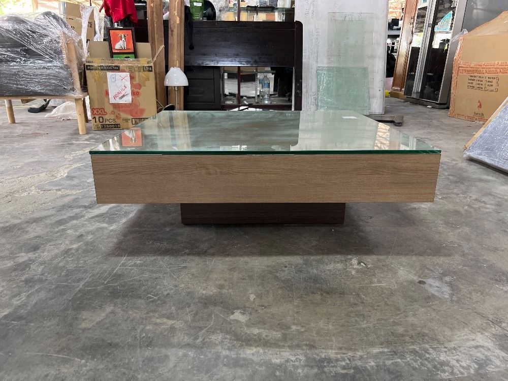 (F20056187) Square Glass Top Wooden Coffee Table / Meja Kopi Kayu Atas Kaca Persegi, Furniture