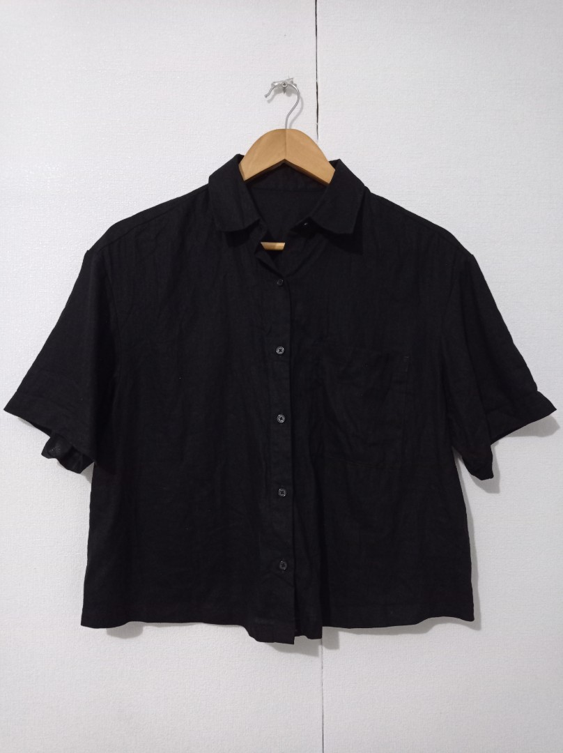 GU by UNIQLO Black Linen Rayon Open Collar Top on Carousell