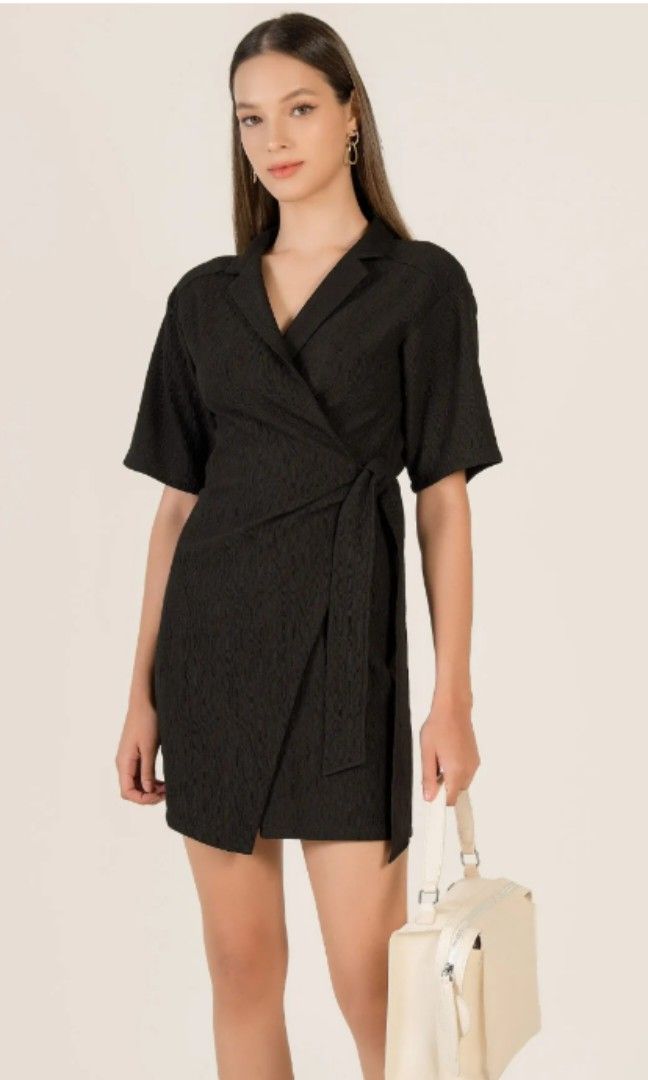 Casual black wrap dress sales
