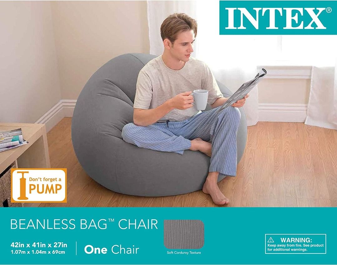 Intex Beanless Bag Inflatable Chair, 42" X 41" X 27", Gray, Furniture