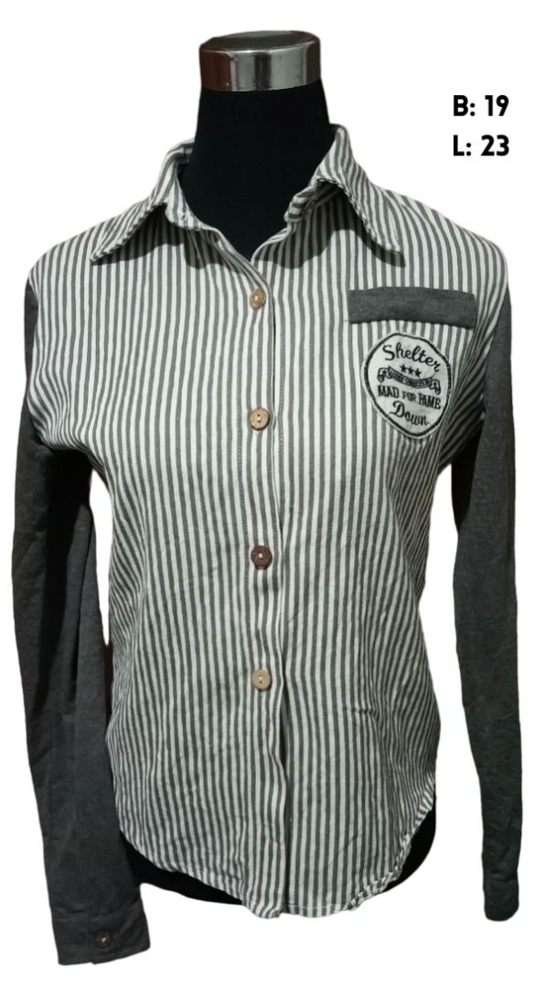 Long Sleeves Collared Button Down Blouse Stripe Patch Top (Category: Longsleeves) located in Bacoor. Submitted by boldwind.9da539 (Listing ID 1217817188, Image 1). Description: B/A = Bust (armpit to armpit) L = Length (shoulder to hem) DISCLAIMER: All sizes measured by hand, errors might occur. Actual product color may vary from the images shown. •NO RETURN, NO REFUND, NO EXCHANGE For more inquiries, feel free to send us a message. Loc.: Camella 