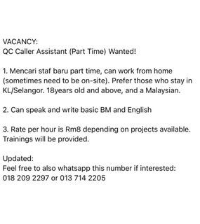 Part Timer Wanted: Caller Assistant 📢