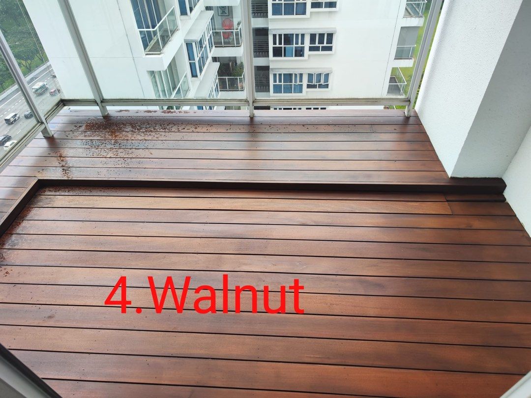 Outdoor Timber Decking, patio, planter Install, Repair and Polishing, Wooden balcony, sand varnish, stain walnut color , wood decking, decking varnish 62853069526529111