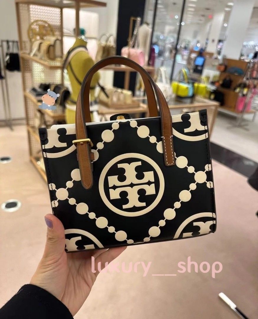 Tory Burch Mini T Monogram Contrast Embossed Square Leather Tote