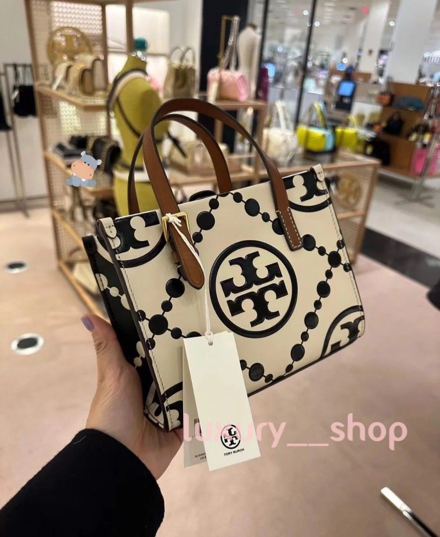 Tory Burch Mini T Monogram Contrast Embossed Square Leather Tote