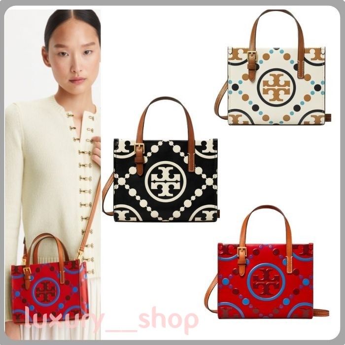 Tory Burch Mini T Monogram Contrast Embossed Square Leather Tote