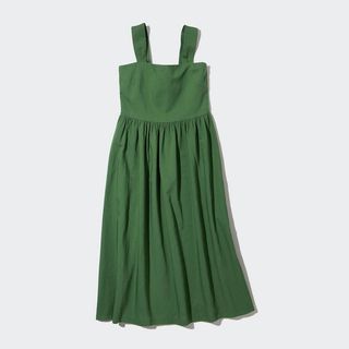 uniqlo green linen blend shirring sleeveless dress