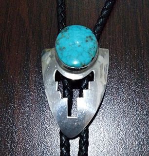 Vintage Authentic Navajo Arrowhead Sterling Silver with Kingman Spiderweb Turquoise Bolo Tie