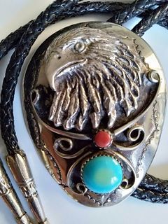 Vintage Navajo American Bald Eagle Sterling Silver with Turquoise & Red Coral Bolo Tie