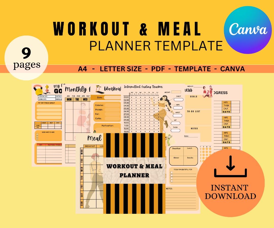 Workout & Meal Planner,CANVA printable and editable planner, mustard