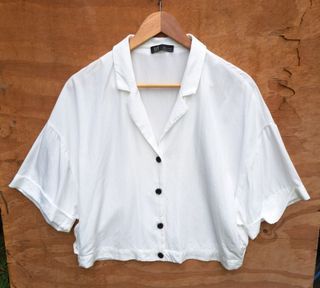 Zara Trf White Crop Top Button Shirt Blouse