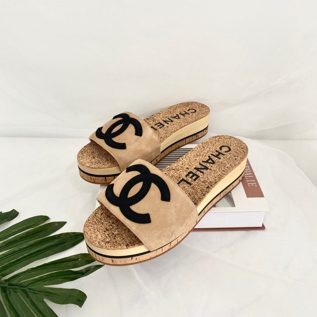 ?% Authentic Chanel Cork Mule Sandal Suede Leather Beige CC Black Spring  Summer Size 38, Luxury, Sneakers & Footwear on Carousell
