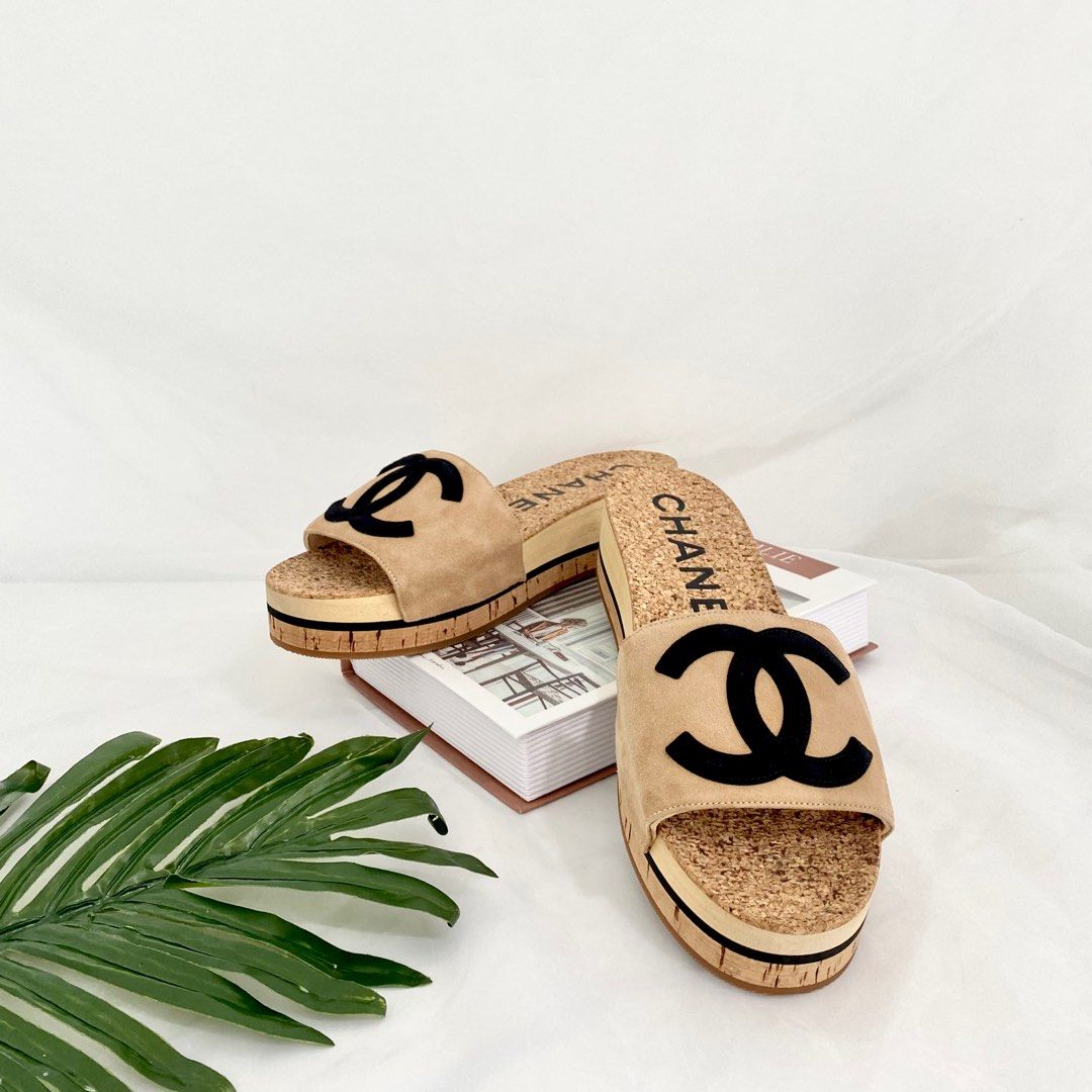 💯% Authentic Chanel Cork Mule Sandal Suede Leather Beige CC Black Spring  Summer Size 38, Luxury, Sneakers & Footwear on Carousell