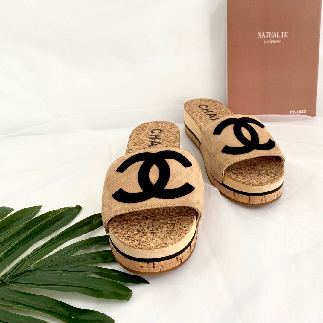 💯% Authentic Chanel Cork Mule Sandal Suede Leather Beige CC Black Spring  Summer Size 38, Luxury, Sneakers & Footwear on Carousell
