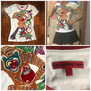 ☻ (Rare) VIVIENNE TAM White Baby Tee w Red Mesh Hem & Monkey Fruit Tropical Jungle Velvet Velour Colorful Graphic Print | Shortsleeve Tshirt | Designer Branded Luxury Vintage Runway Retro Y2K Grunge Alt Fairy Fairycore Subversive Cop Copine ☻
