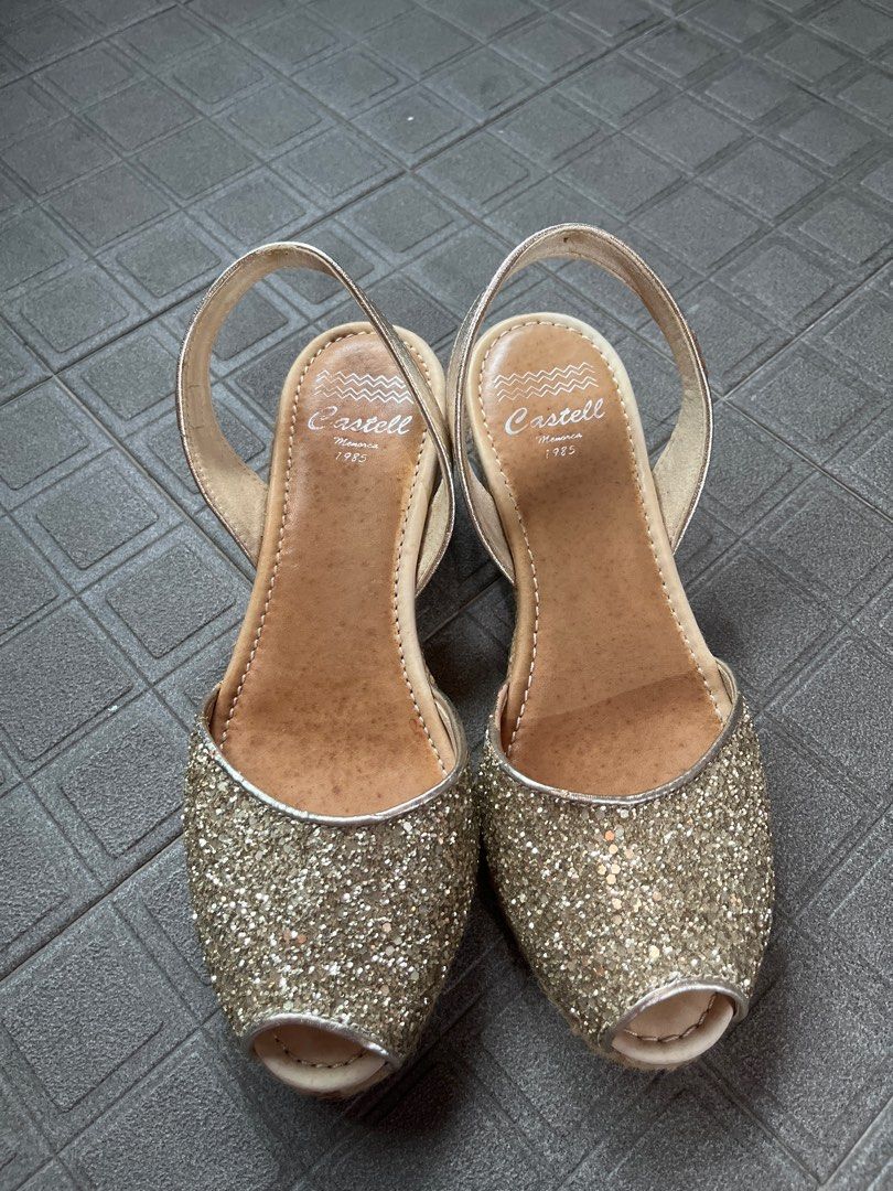 Castell RIA Menorca gold glitter wedge heels