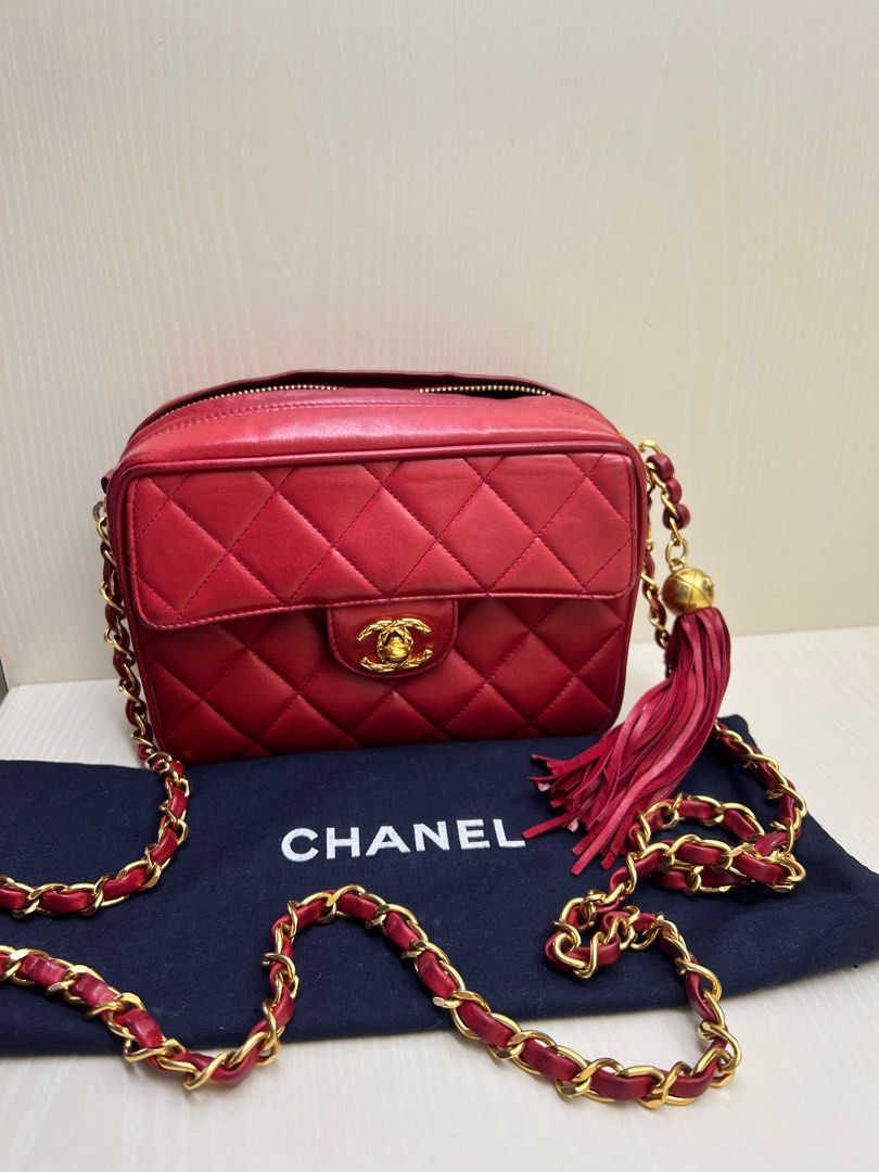 Chanel Red Quilted Lambskin Fringe Chain mini shoulder bag