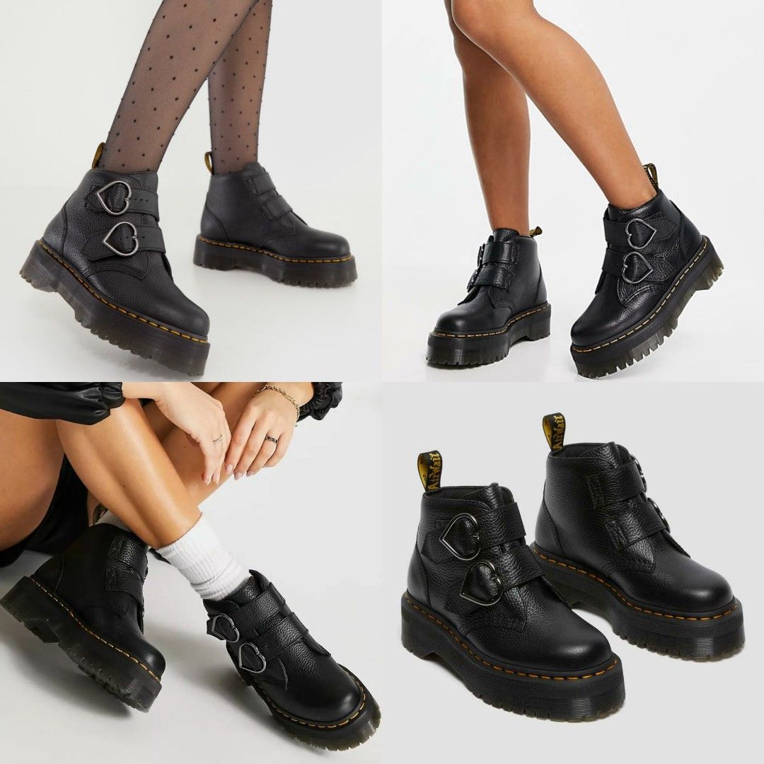 Dr Martens Devon heart black boots 心心扣厚底靴, 女裝, 鞋, 靴