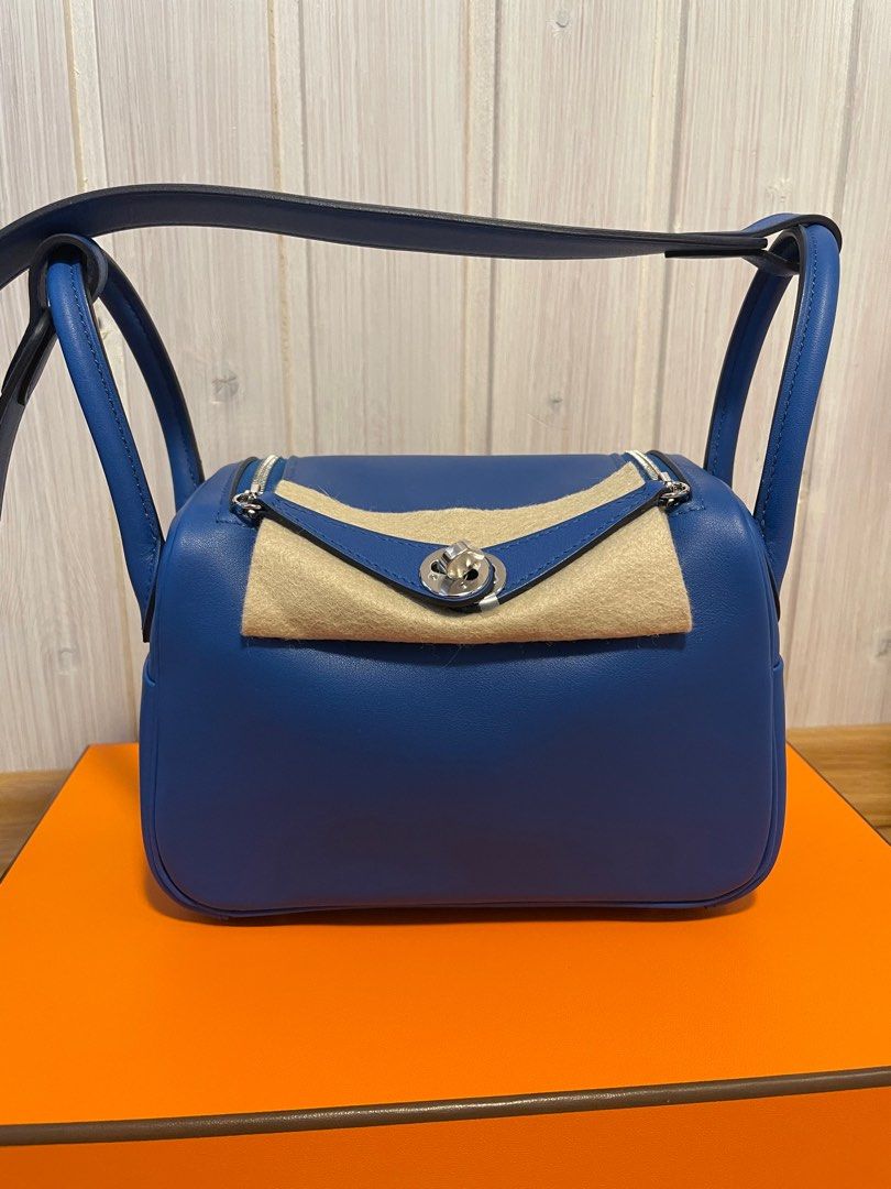 Auth. Hermes Lindy Bag Verso Swift Mini Blue With Gold Hardware