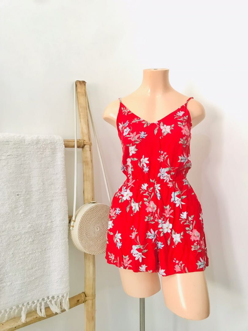 H M Floral Red Romper Women s Fashion Dresses Sets Rompers on Carousell