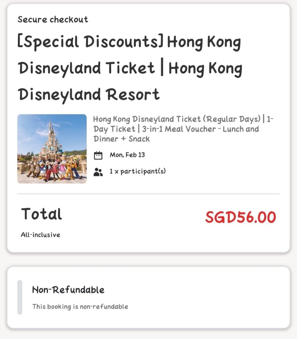 Hong Kong Disneyland Ticket + Lunch + Dinner + Snacks, Tickets