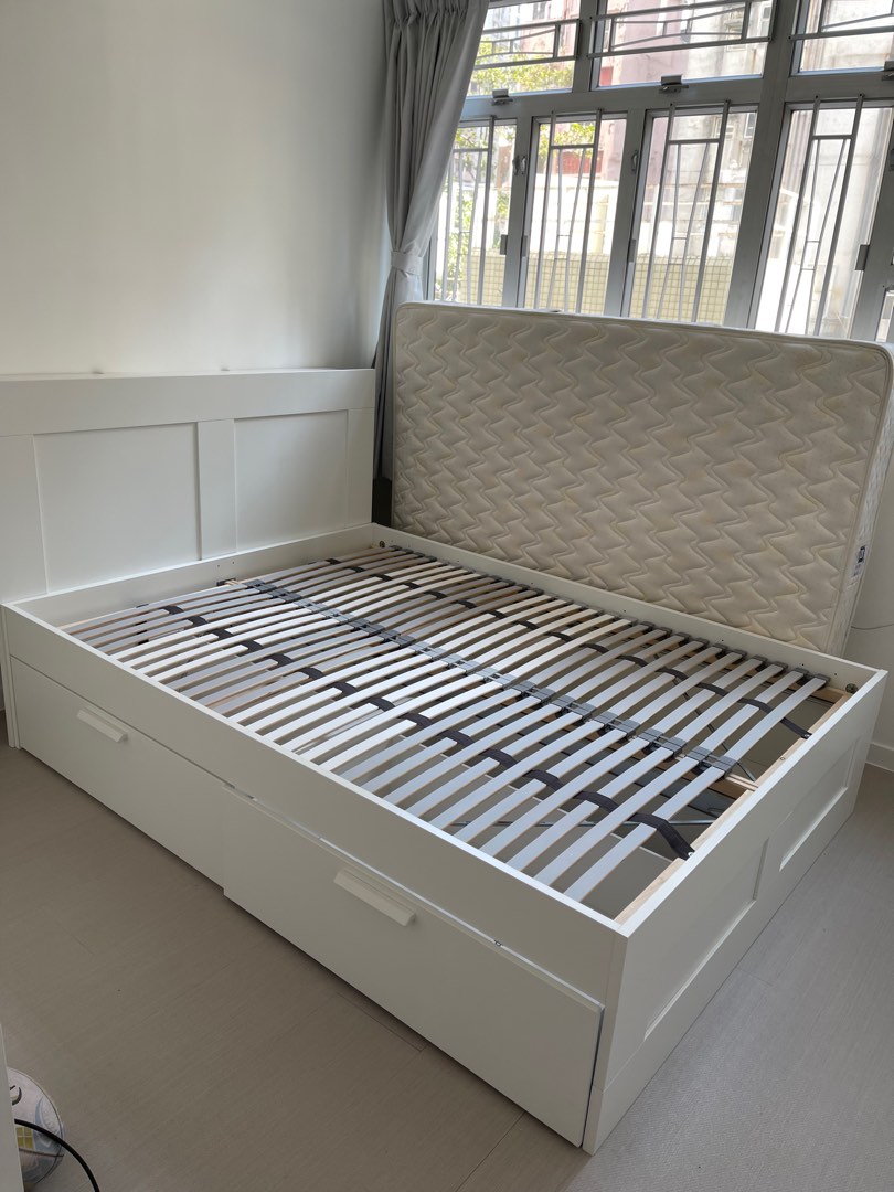Ikea BRIMNES queen bed frame with storage, 傢俬＆家居, 傢俬, 床架及床褥 Carousell
