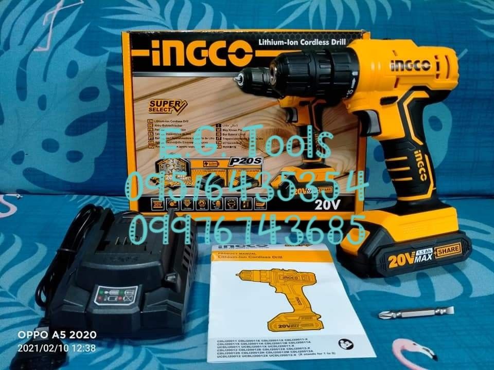 INGCO 20V Li-ion Cordless Drill - (CDLI20011) (Category: Construction Tools & Equipment) located in Caloocan City. Submitted by emgaile (Listing ID 1213078586, Image 3). Description: INGCO 20V Cordless Drill - (CDLI20011) PRICE : ₱2,700 Specification : *Voltage: 20V *No Load Speed: 0-400/0-1500/min *Max. Torque: 45NM *Chunk Capacity: 0.8-10mm *Torque Setting: 15+1 *Mechanical 2-speed gear *20V Lithium-ion 1.5Ah battery *Batteries Charge Volts: 22