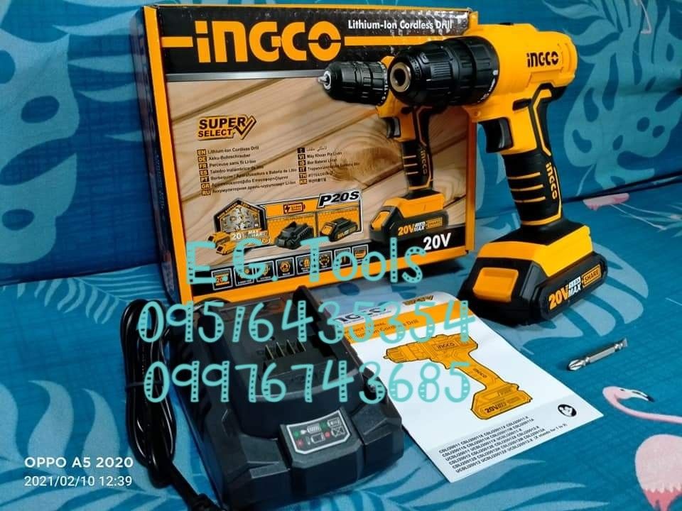 INGCO 20V Li-ion Cordless Drill - (CDLI20011) (Category: Construction Tools & Equipment) located in Caloocan City. Submitted by emgaile (Listing ID 1213078586, Image 2). Description: INGCO 20V Cordless Drill - (CDLI20011) PRICE : ₱2,700 Specification : *Voltage: 20V *No Load Speed: 0-400/0-1500/min *Max. Torque: 45NM *Chunk Capacity: 0.8-10mm *Torque Setting: 15+1 *Mechanical 2-speed gear *20V Lithium-ion 1.5Ah battery *Batteries Charge Volts: 22