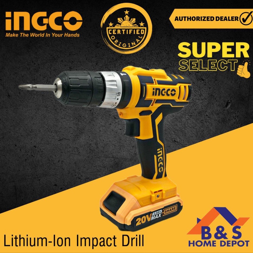 Ingco 20V Li-Ion Cordless Impact Drill P20S POWERSHARE w/2 Batteries ...