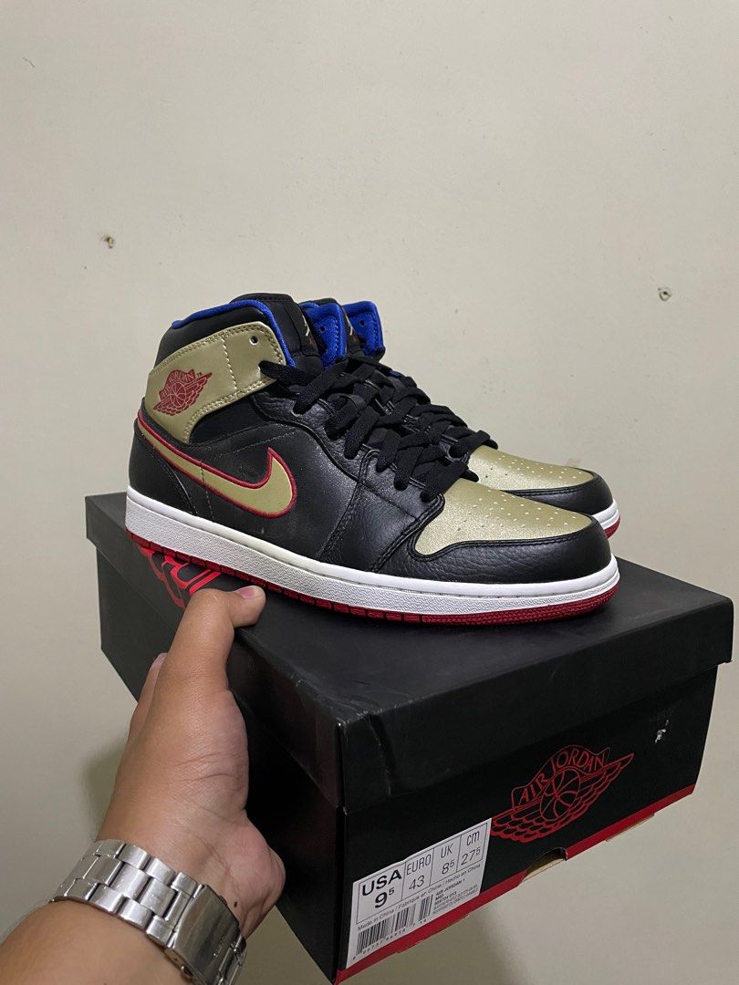 Black gold red store blue jordan 1