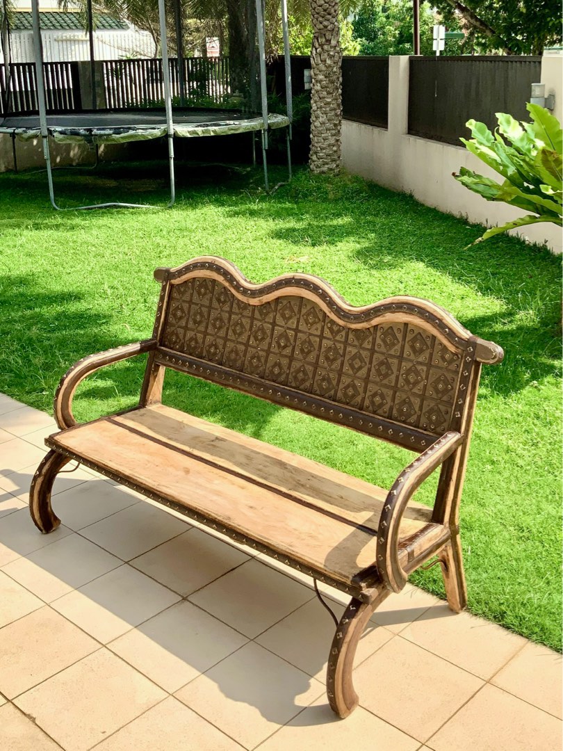 Rajasthani antique traditional cart bench solid wood with iron and brass work from Jodhpur