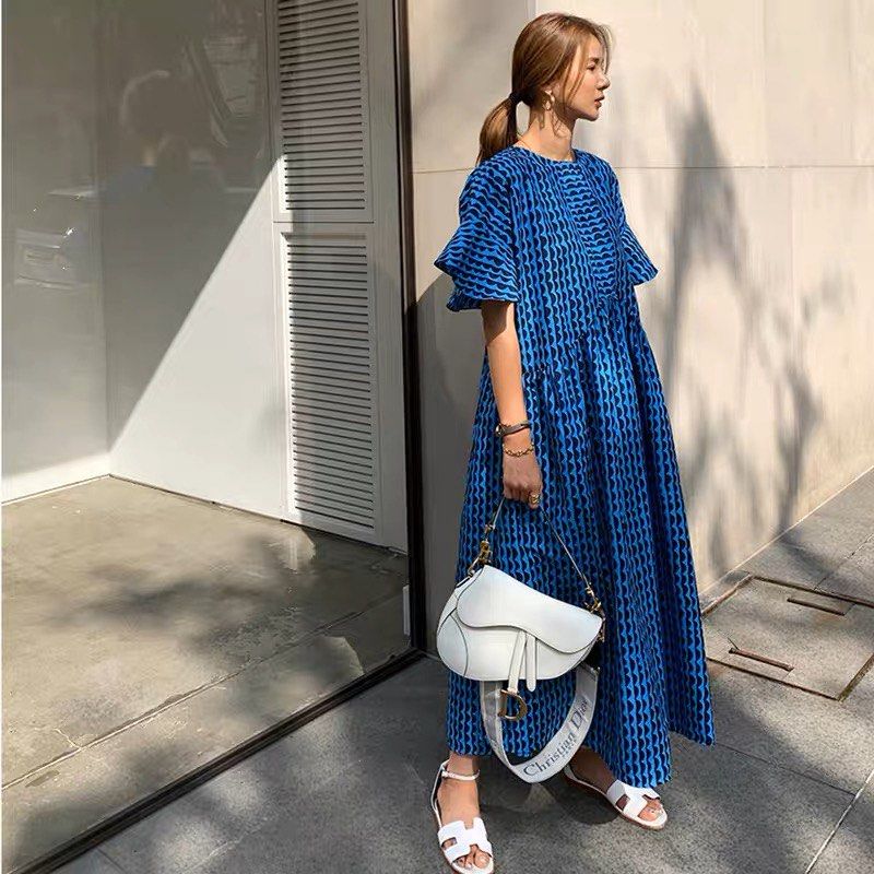 Scallop Print Flute Sleeves Maxi Dress, Women's Fashion, Dresses & Sets,  Dresses on Carousell
