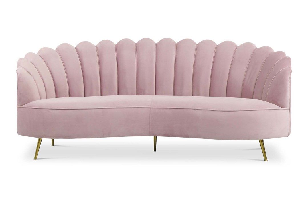 Soft Pink Scallop Edge 3 Seater Velvet Sofa