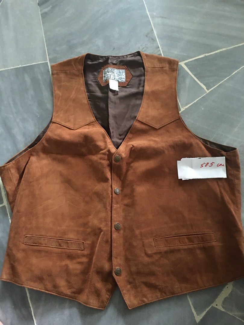 Stylish tan leather vest with adjustable back, Men's Fashion, Tops