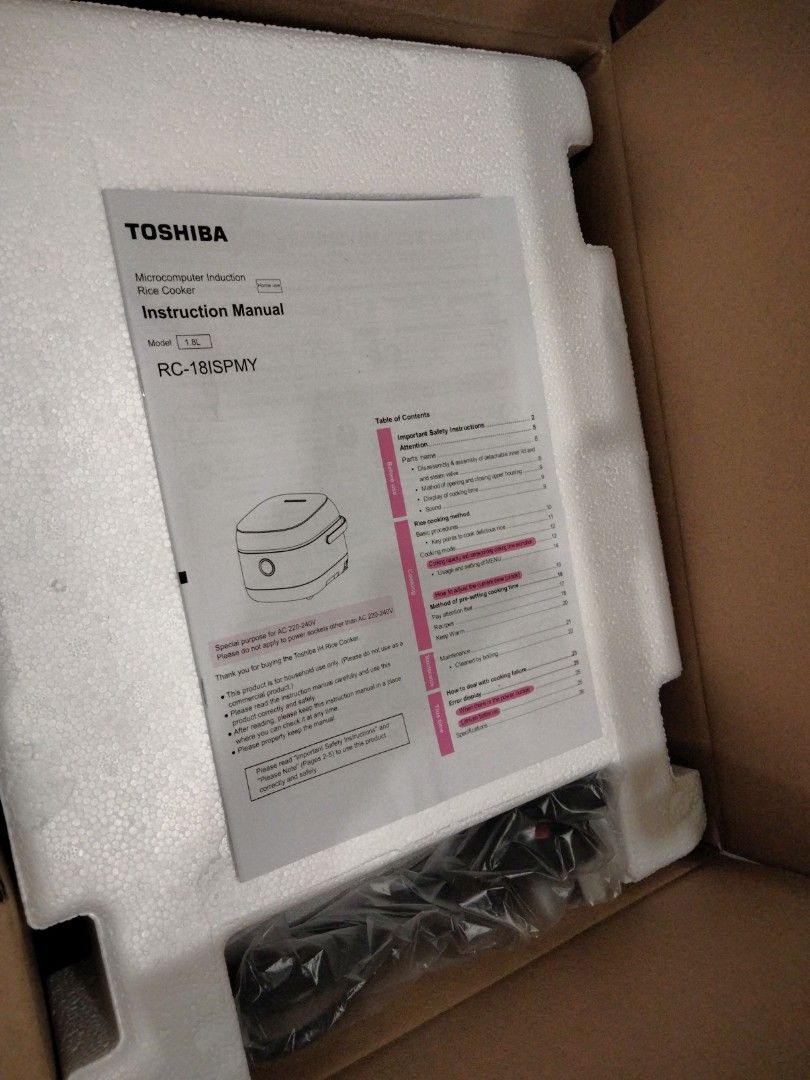 Toshiba Low Sugar rice cooker 1.8L, Furniture & Home Living