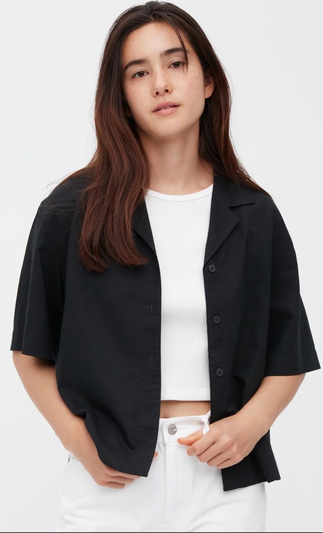 Uniqlo Linen Blend Open Collar Short Sleeve Shirt, Women's Fashion, Tops,  Blouses on Carousell