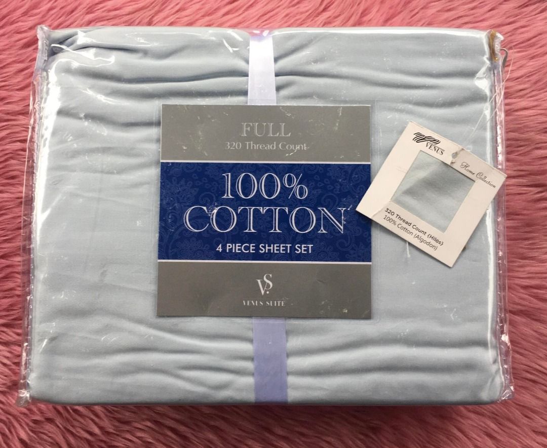 Venus Suite Full Thread Count 4 Piece Sheet Set (Category: Bedding & Towels) located in Mandaluyong City. Submitted by peanutsola (Listing ID 1213079916, Image 1). Description: Venus Suite Full Thread Count 4 Piece Sheet Set 4 Piece Set: 1 Flat sheet (81" x 96") 1 Fitted Sheet (54" x 75" x 14") 2 Standard Pillow Cases (21" x 30") Care Instructions: Machine Wash warm. Do not bleach. Tumble dry low..